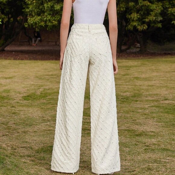 Casual Women's Wide Leg Textured Fringe Detail Palazzo denim  Pants - Picture 4 of 6